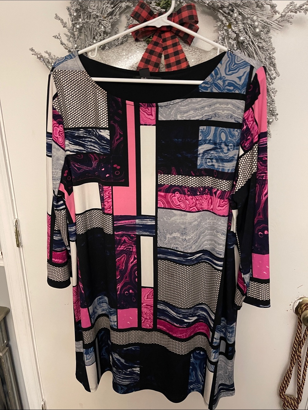 Style & Co. Geometric Patchwork Tunic Blouse in Pink, Blue & Black
